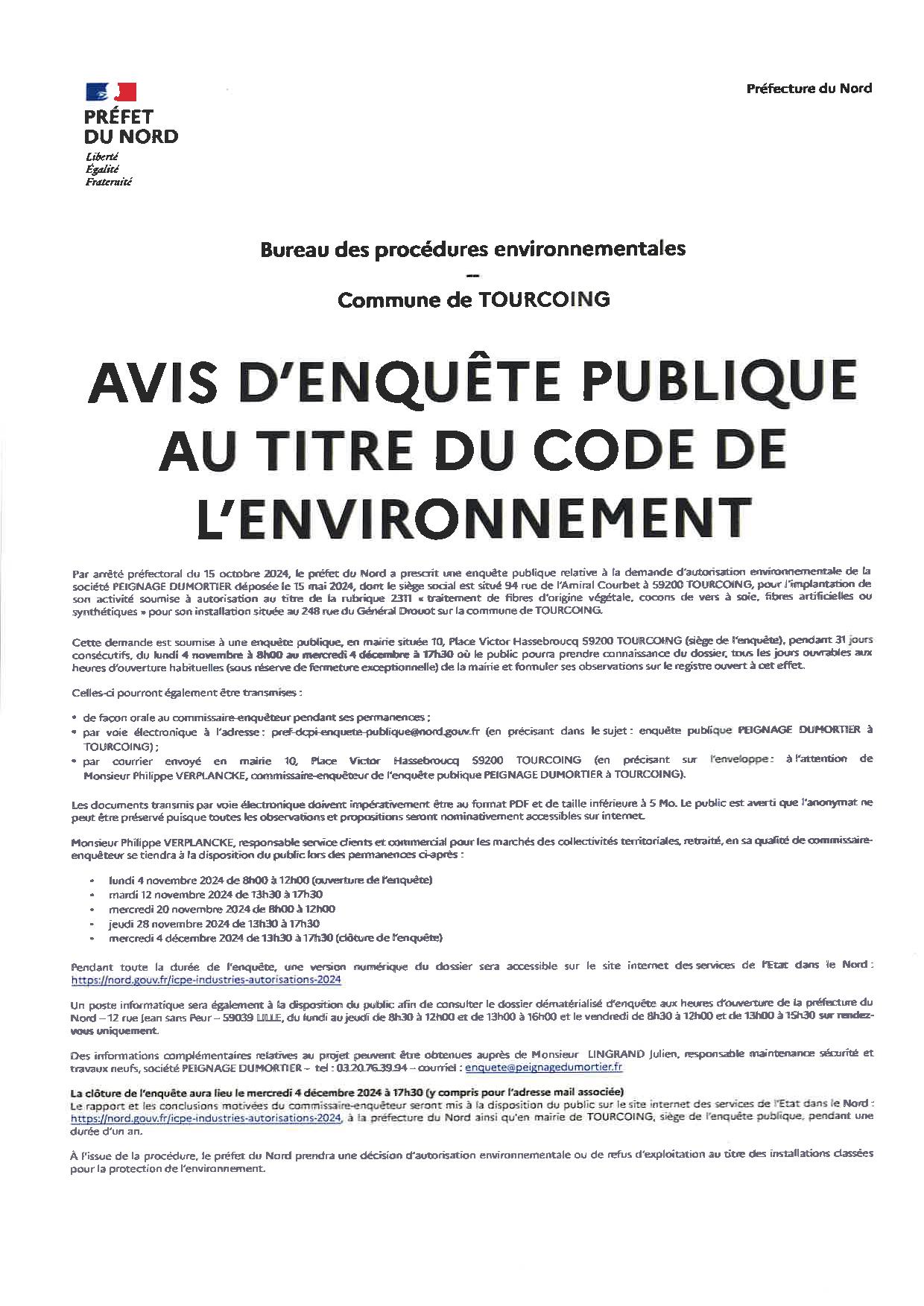 Avis d'enquête publique Peignage Dumortier